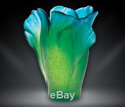 Daum Vase Floral Ginkgo Green and Blue Art Glass Made in France 03410 New