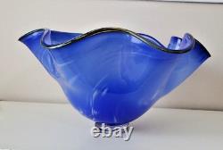 Dave Donalson Signed Art Glass Blue White Silver Swirl Freeform Vase 2001