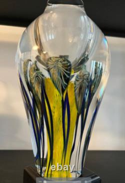 David Lotton 11 Signed Large Dual Design Blue & Yellow Art Glass Vase