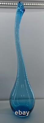 Designer Swung Floor Vase Bottle 31x8 Goose Neck Blue Modern Glass Art