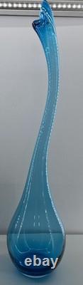 Designer Swung Floor Vase Bottle 31x8 Goose Neck Blue Modern Glass Art