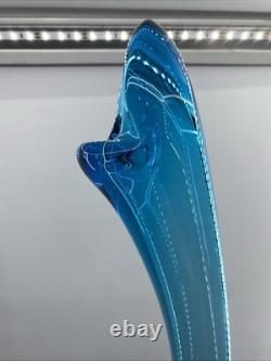 Designer Swung Floor Vase Bottle 31x8 Goose Neck Blue Modern Glass Art