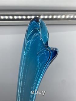 Designer Swung Floor Vase Bottle 31x8 Goose Neck Blue Modern Glass Art