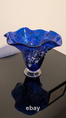 Dichroic Blue Exotic Glass Vase Wide Opening at 6.5 Tall Vintage &, Fluted
