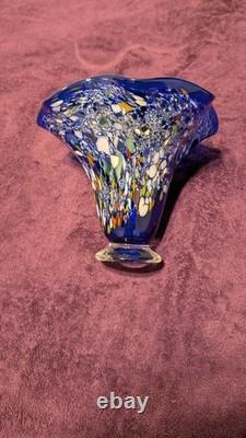 Dichroic Blue Exotic Glass Vase Wide Opening at 6.5 Tall Vintage &, Fluted