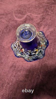 Dichroic Blue Exotic Glass Vase Wide Opening at 6.5 Tall Vintage &, Fluted