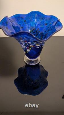 Dichroic Blue Exotic Glass Vase Wide Opening at 6.5 Tall Vintage &, Fluted