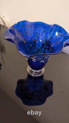 Dichroic Blue Exotic Glass Vase Wide Opening at 6.5 Tall Vintage &, Fluted