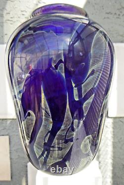 Don Gonzalez Studio Art Glass Signed Blue Silver Modern Vase 7'
