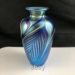 Donald Carlson Art Glass Iridescent Pulled Feather Luster 5 1/2 Vase -Signed