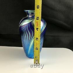 Donald Carlson Art Glass Iridescent Pulled Feather Luster 5 1/2 Vase -Signed