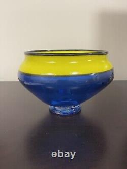 Douglas Firebug Taylor Jr. 2013 Blue with Yellow Hand-Blown Art Glass Vase