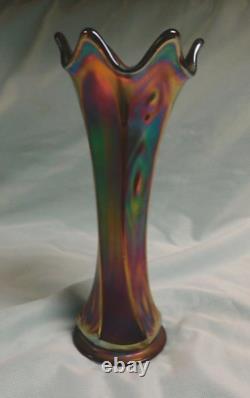 Dugan Glass Vase Deep Amethyst Iridescent 7 7/8 Pulled Loop Blue & Gold Hues