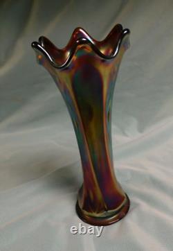 Dugan Glass Vase Deep Amethyst Iridescent 7 7/8 Pulled Loop Blue & Gold Hues