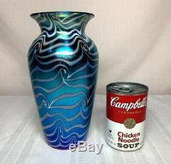 Durand Art Glass, Tall King Tut Coil Vase, White On Blue Iridescence, Nice