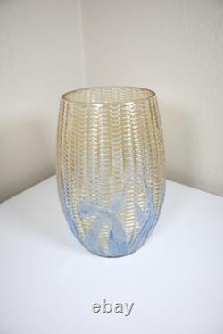 Eapg 1880s Libbey Maize Blueleaves Blown Art Glass Celery Vase