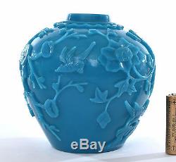 Early 20C Chinese Blue Peking Glass Tea Caddy Jar Vase Plum Blossom Bird