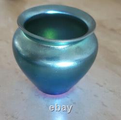 Early 20th C. Steuben Aurene Blue Iridescent Art Glass Vase Signed