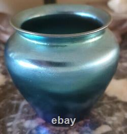 Early 20th C. Steuben Aurene Blue Iridescent Art Glass Vase Signed