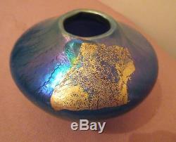 Early Robert Eickholt Art Glass Blue Aurene Ovoid Stretched Vase Hand Blown 1987