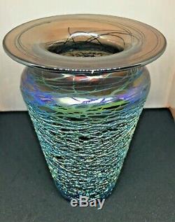 Early Stuart Abelman Studio Iridescent Threaded Art Glass Vase-signed/dated-1981