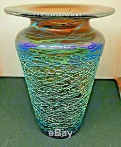 Early Stuart Abelman Studio Iridescent Threaded Art Glass Vase-signed/dated-1981