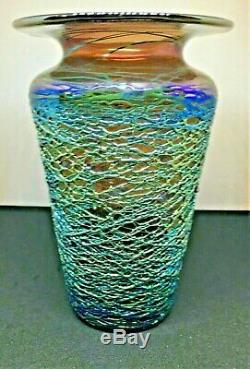 Early Stuart Abelman Studio Iridescent Threaded Art Glass Vase-signed/dated-1981