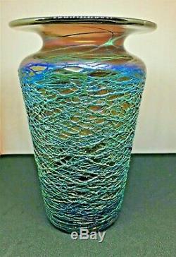 Early Stuart Abelman Studio Iridescent Threaded Art Glass Vase-signed/dated-1981