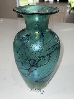 Early Vintage Signed Robert Held Blue Purple Iridescent Art Glass Vase 9.5 Mint