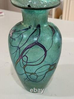 Early Vintage Signed Robert Held Blue Purple Iridescent Art Glass Vase 9.5 Mint