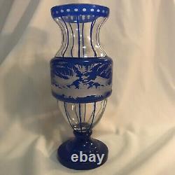 Egermann Bohemian Etched Glass Blue Vase Stag & Doe 11.5 Solid Base