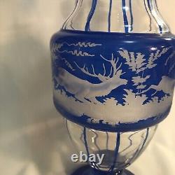 Egermann Bohemian Etched Glass Blue Vase Stag & Doe 11.5 Solid Base