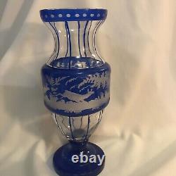 Egermann Bohemian Etched Glass Blue Vase Stag & Doe 11.5 Solid Base