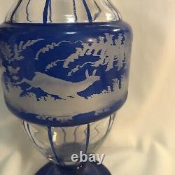 Egermann Bohemian Etched Glass Blue Vase Stag & Doe 11.5 Solid Base