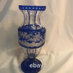 Egermann Bohemian Etched Glass Blue Vase Stag & Doe 11.5 Solid Base