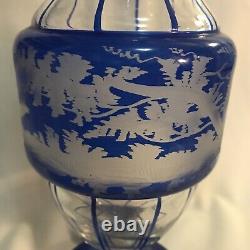 Egermann Bohemian Etched Glass Blue Vase Stag & Doe 11.5 Solid Base