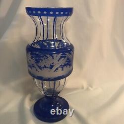 Egermann Bohemian Etched Glass Blue Vase Stag & Doe 11.5 Solid Base