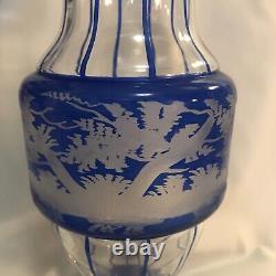 Egermann Bohemian Etched Glass Blue Vase Stag & Doe 11.5 Solid Base