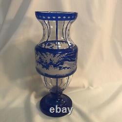 Egermann Bohemian Etched Glass Blue Vase Stag & Doe 11.5 Solid Base