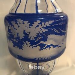 Egermann Bohemian Etched Glass Blue Vase Stag & Doe 11.5 Solid Base