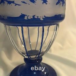 Egermann Bohemian Etched Glass Blue Vase Stag & Doe 11.5 Solid Base