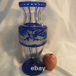 Egermann Bohemian Etched Glass Blue Vase Stag & Doe 11.5 Solid Base