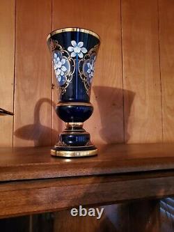 Egermann Hand Blown Cobalt Engraved Crystal 10 Inch Vase With 24k Gold Accents