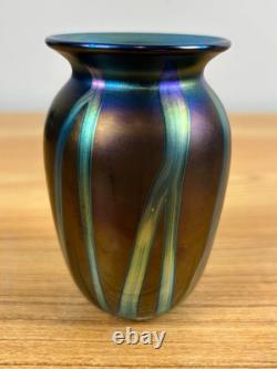 Elaine Hyde Iridescent Blue Green Studio Art Glass Cabinet Vase