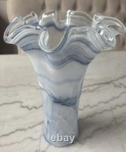 Elegant Blue Italian Murano Art Glass Ruffled Vase Made In Venice Hand Blown