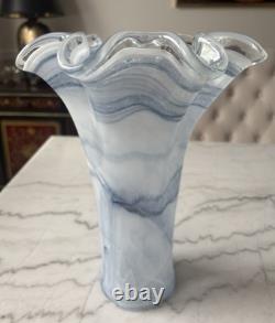 Elegant Blue Italian Murano Art Glass Ruffled Vase Made In Venice Hand Blown