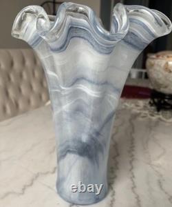 Elegant Blue Italian Murano Art Glass Ruffled Vase Made In Venice Hand Blown