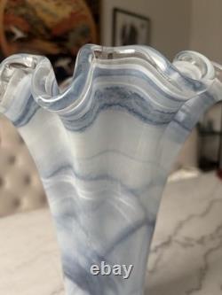 Elegant Blue Italian Murano Art Glass Ruffled Vase Made In Venice Hand Blown