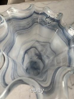 Elegant Blue Italian Murano Art Glass Ruffled Vase Made In Venice Hand Blown