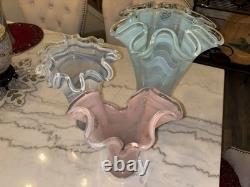 Elegant Blue Italian Murano Art Glass Ruffled Vase Made In Venice Hand Blown